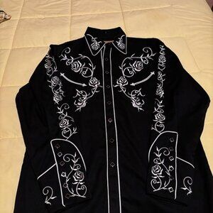Mens Scully Western Embroidered Rose Shirt - Black - Medium